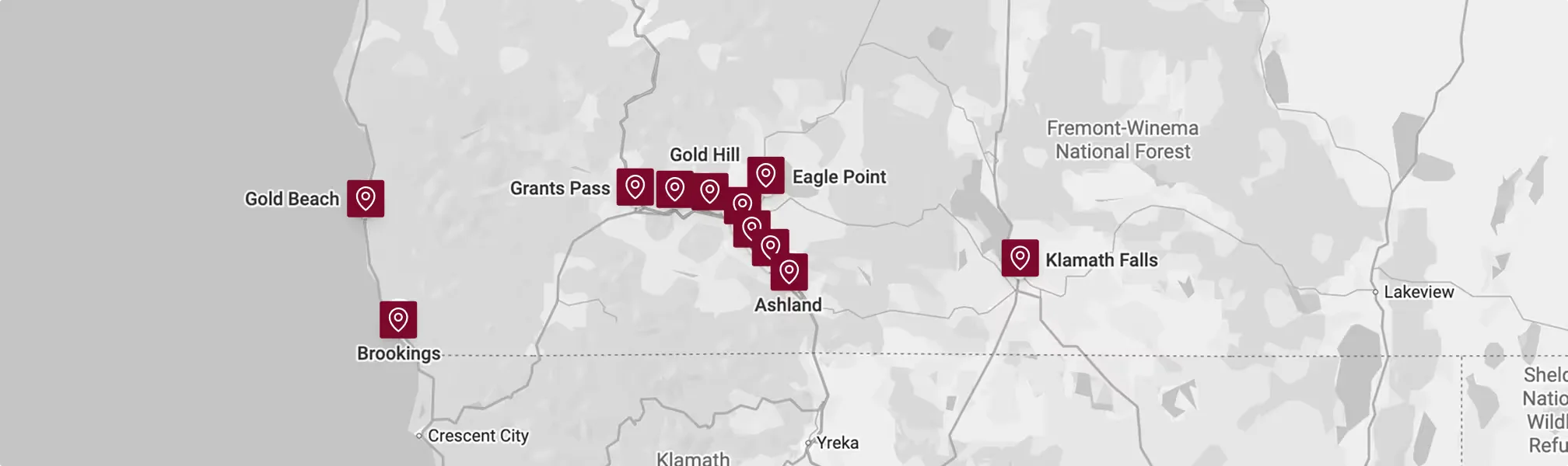 Map of Pressure Point Roofing's service area across the Rogue Valley and Southern Oregon